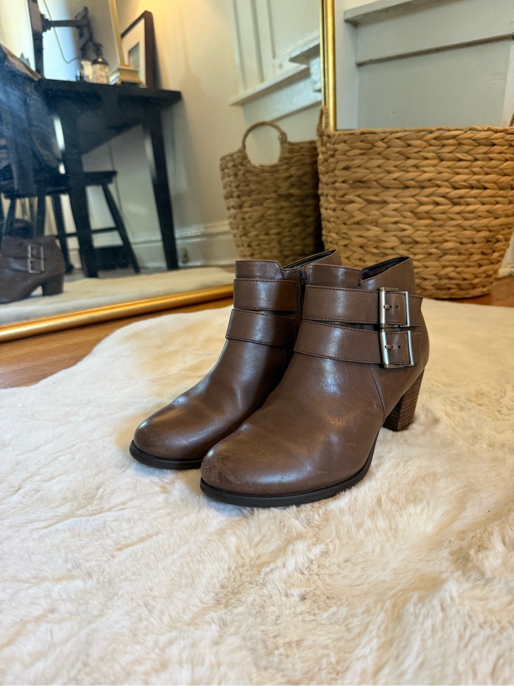 Clarks Brown Leather Buckle Ankle Booties